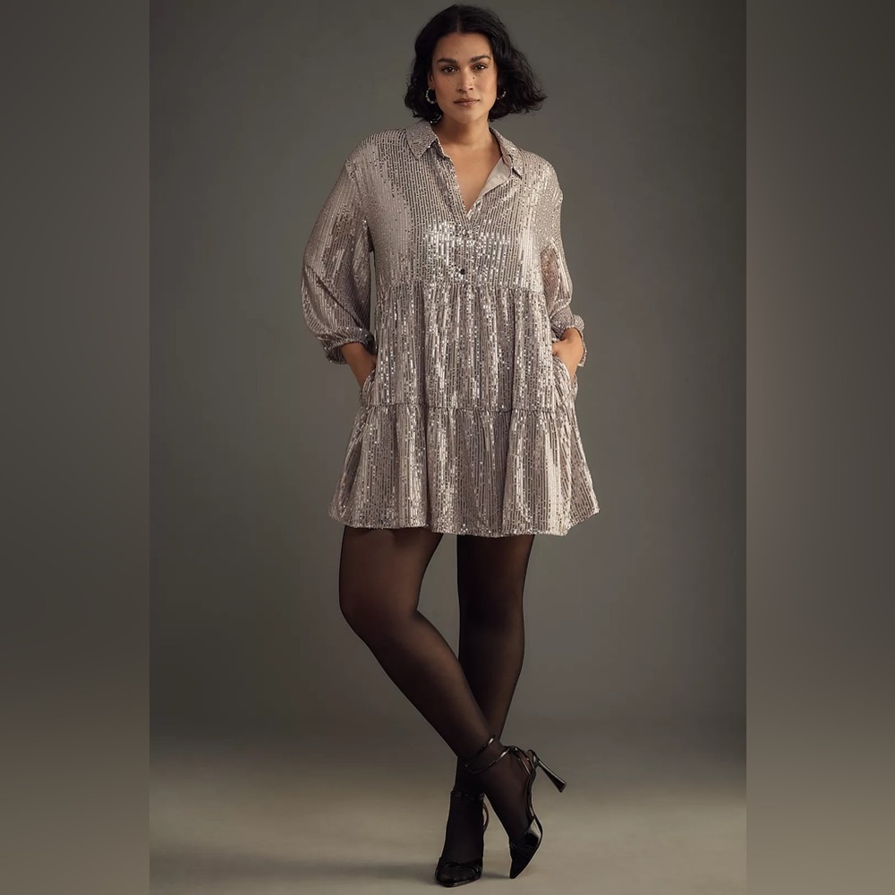 NWT Size L - The Bettina Tiered Shirt Dress by Maeve: Mini Sequin Edition - Picture 5 of 16